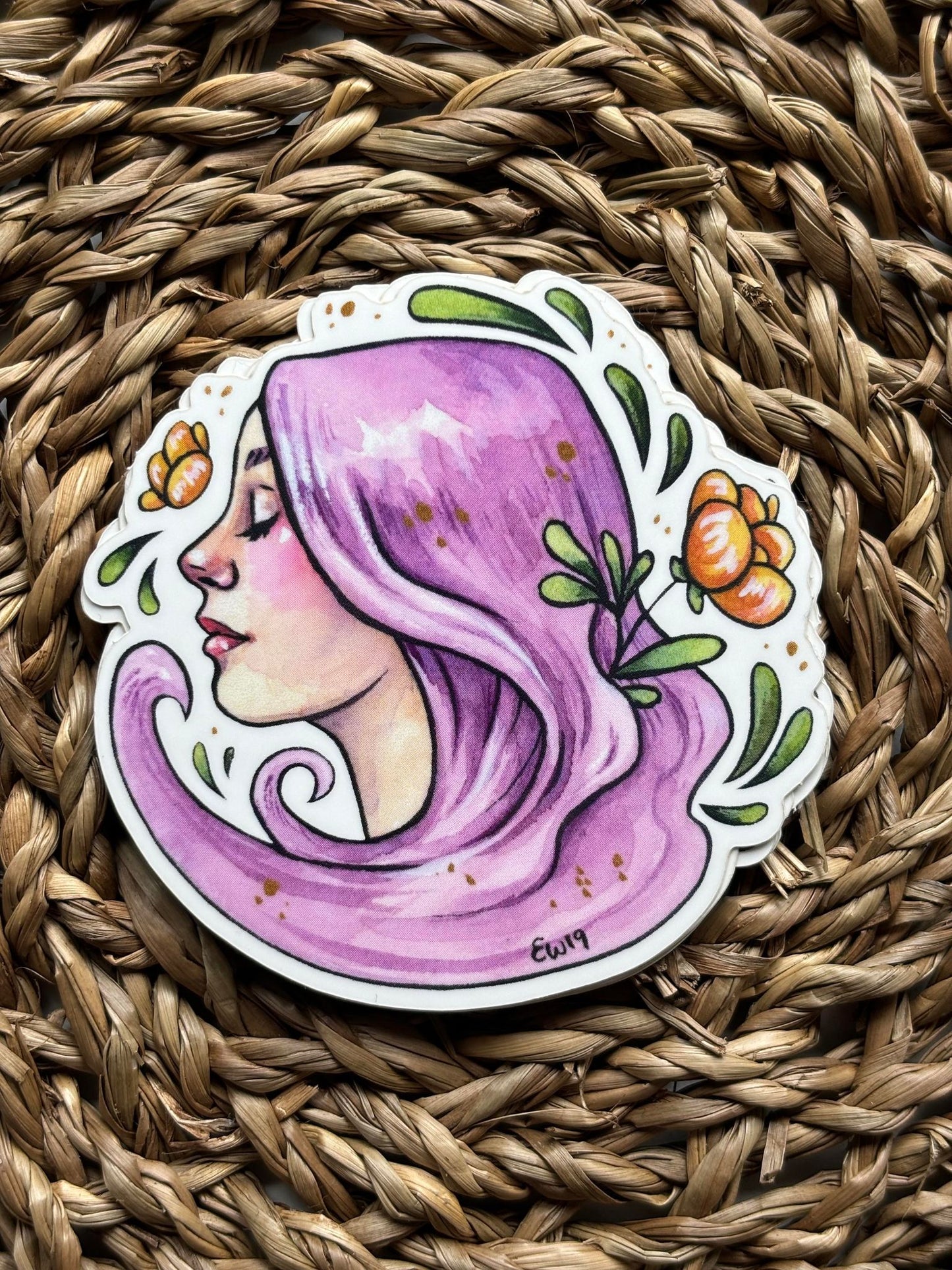 Watercolor sticker w/ lilac hair & flowers - Ellen Wilberg