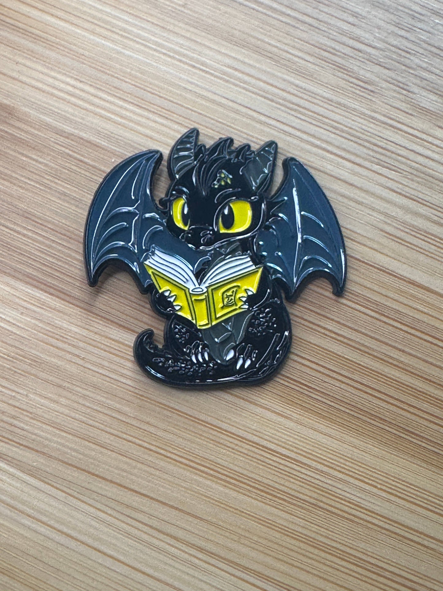 Book Dragon Enamel Pin - Black Dragon Reading