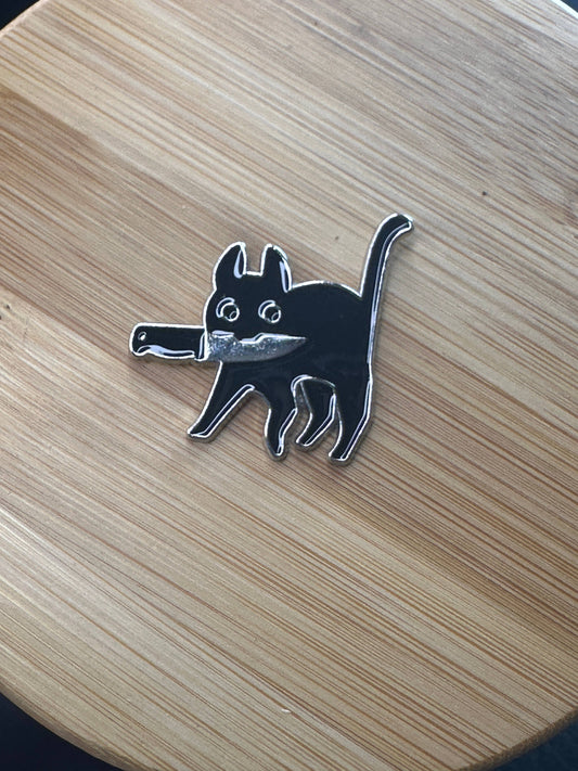 Black Cat Holding Knife - Enamel Pin