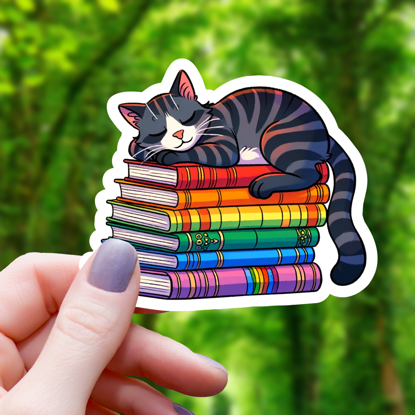 Striped Cat on Books Sticker