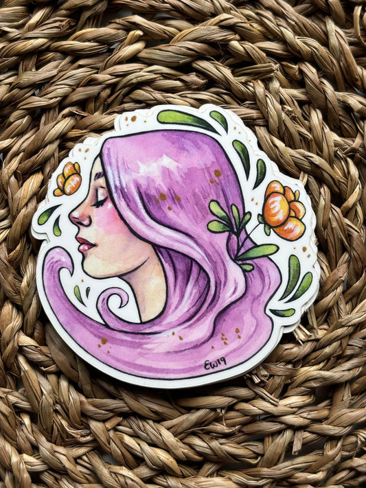 Watercolor sticker w/ lilac hair & flowers - Ellen Wilberg