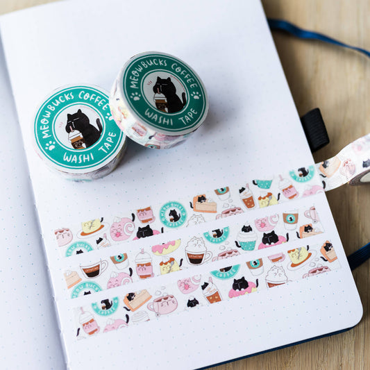 Meowbucks coffee playful black cat washi tape