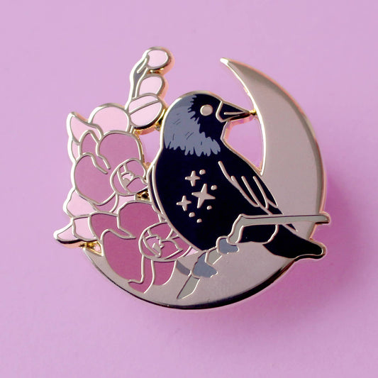 Floral Jackdaw Bird Enamel Pin