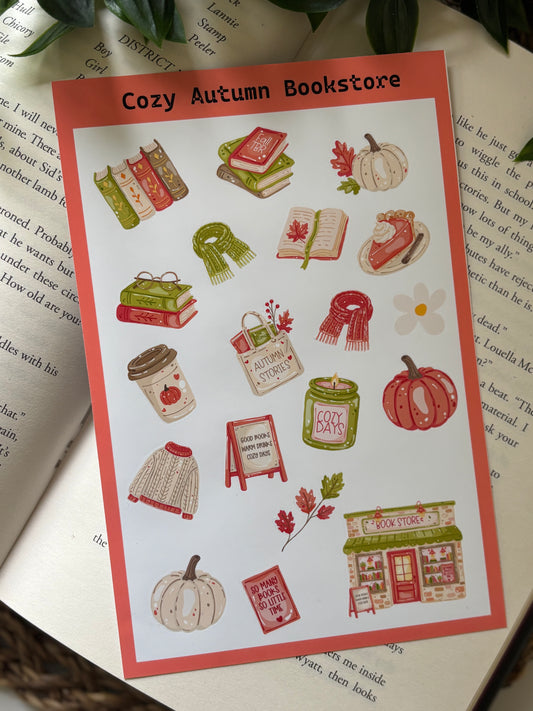Cozy Autumn Bookstore Sticker Sheet