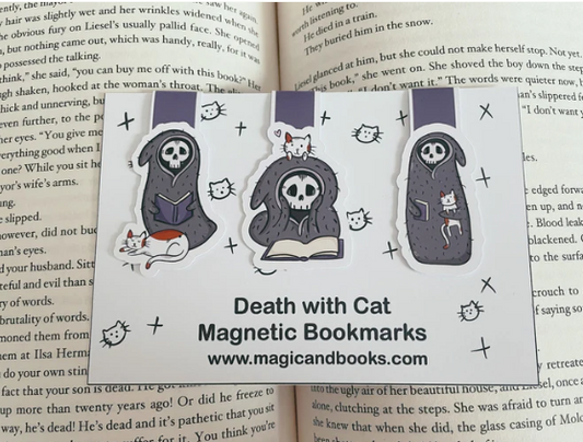 Death with Cat Reading 3 pk -  Magnetiske Bokmerker