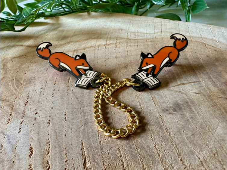 Fox with Book Enamel Collar Pin
