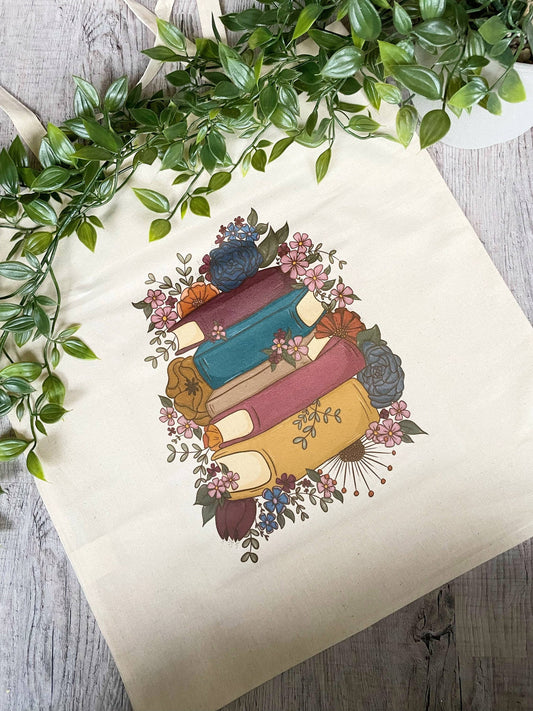 Flowery Stack of Books Handlenett